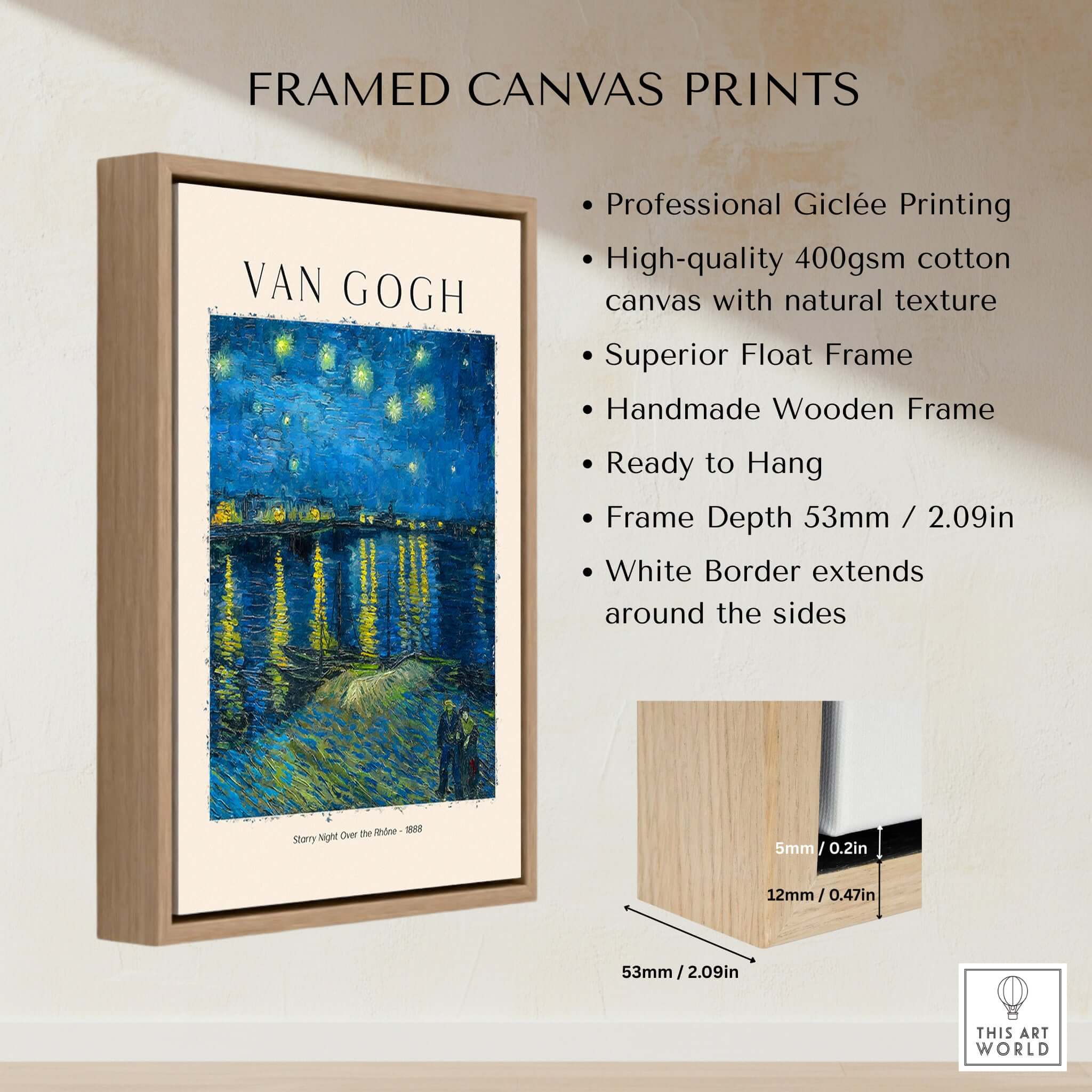 Vincent van Gogh Starry Night Over the Rhône 1888 Post Impressionist Landscape Poster Print framed canvas print with natural texture.