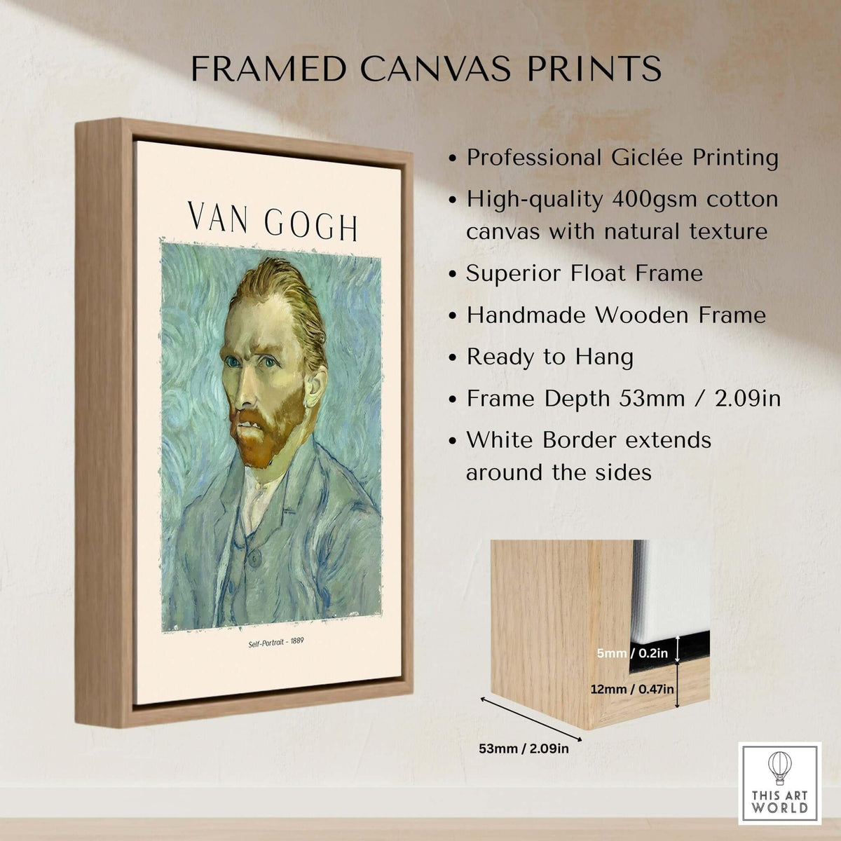 Vincent van Gogh Self Portrait 1889 Blue Post Impressionist Art Print Poster Wall Art framed canvas print