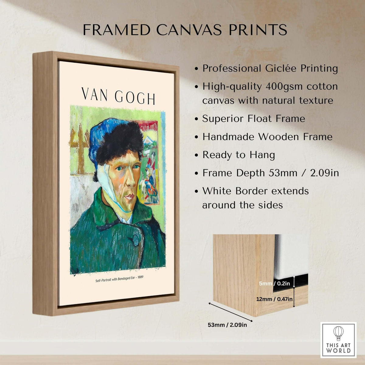 Vincent van Gogh Self Portrait Bandaged Ear 1889 Famous Art Print Poster Wall Decor in a framed canvas print.