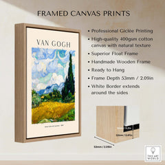 Vincent van Gogh Wheat Field with Cypresses 1889 Landscape Art Print Post Impressionist Poster displayed in a wooden frame.