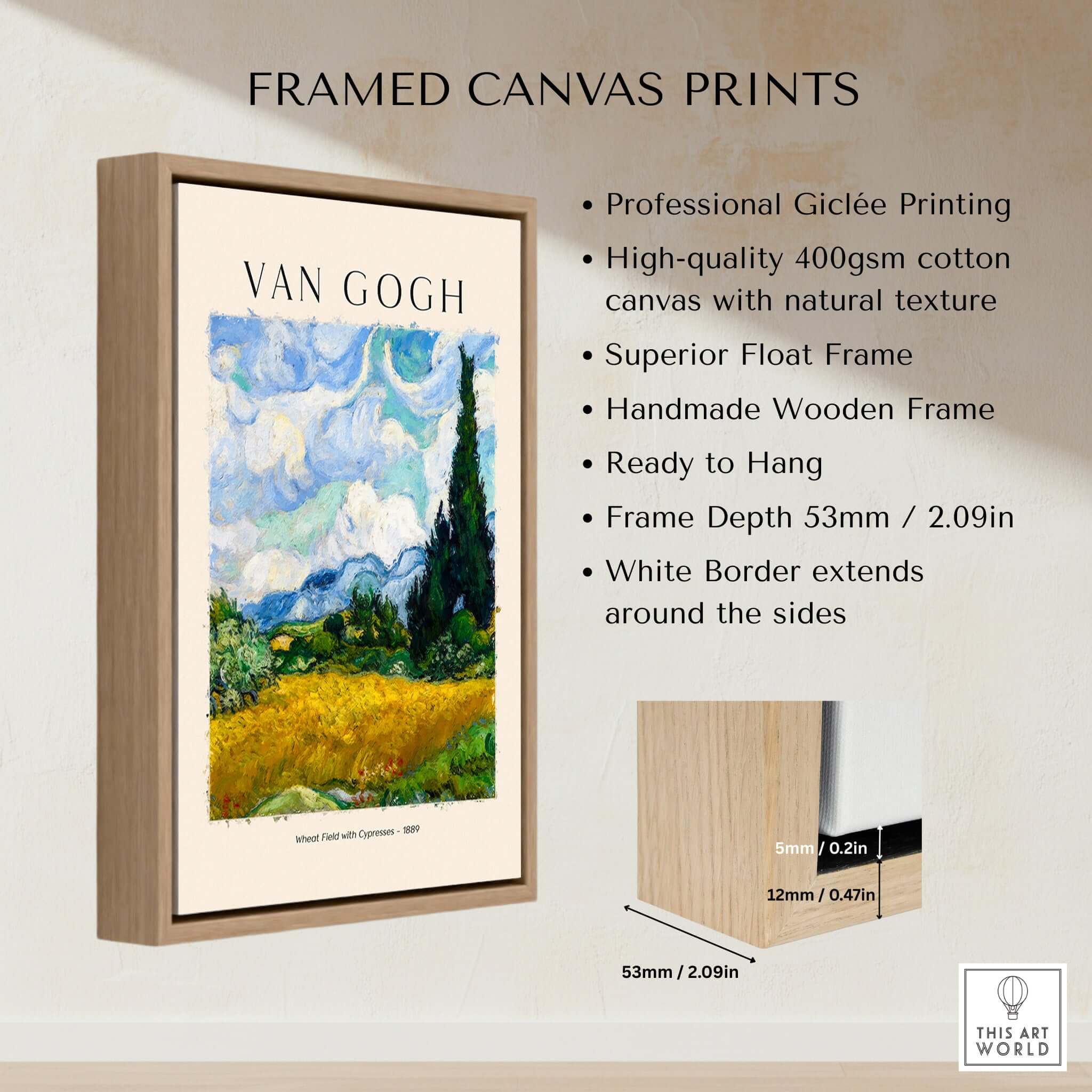 Vincent van Gogh Wheat Field with Cypresses 1889 Landscape Art Print Post Impressionist Poster displayed in a wooden frame.