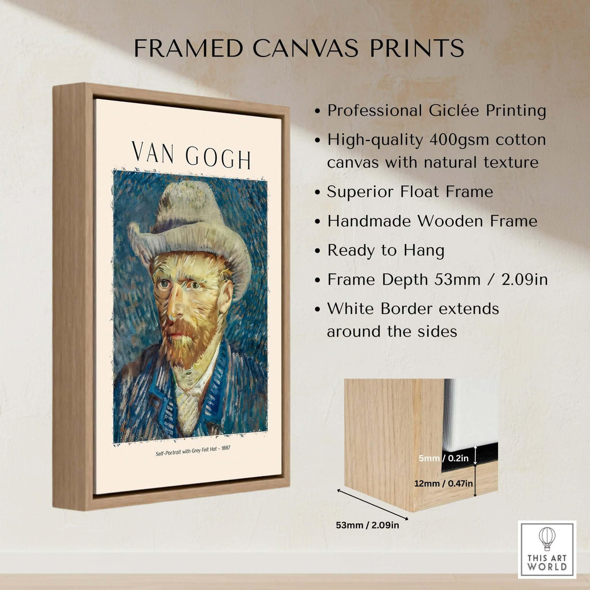Vincent van Gogh Self Portrait Grey Felt Hat 1887 Art Print Post Impressionist Poster framed canvas print with wooden frame