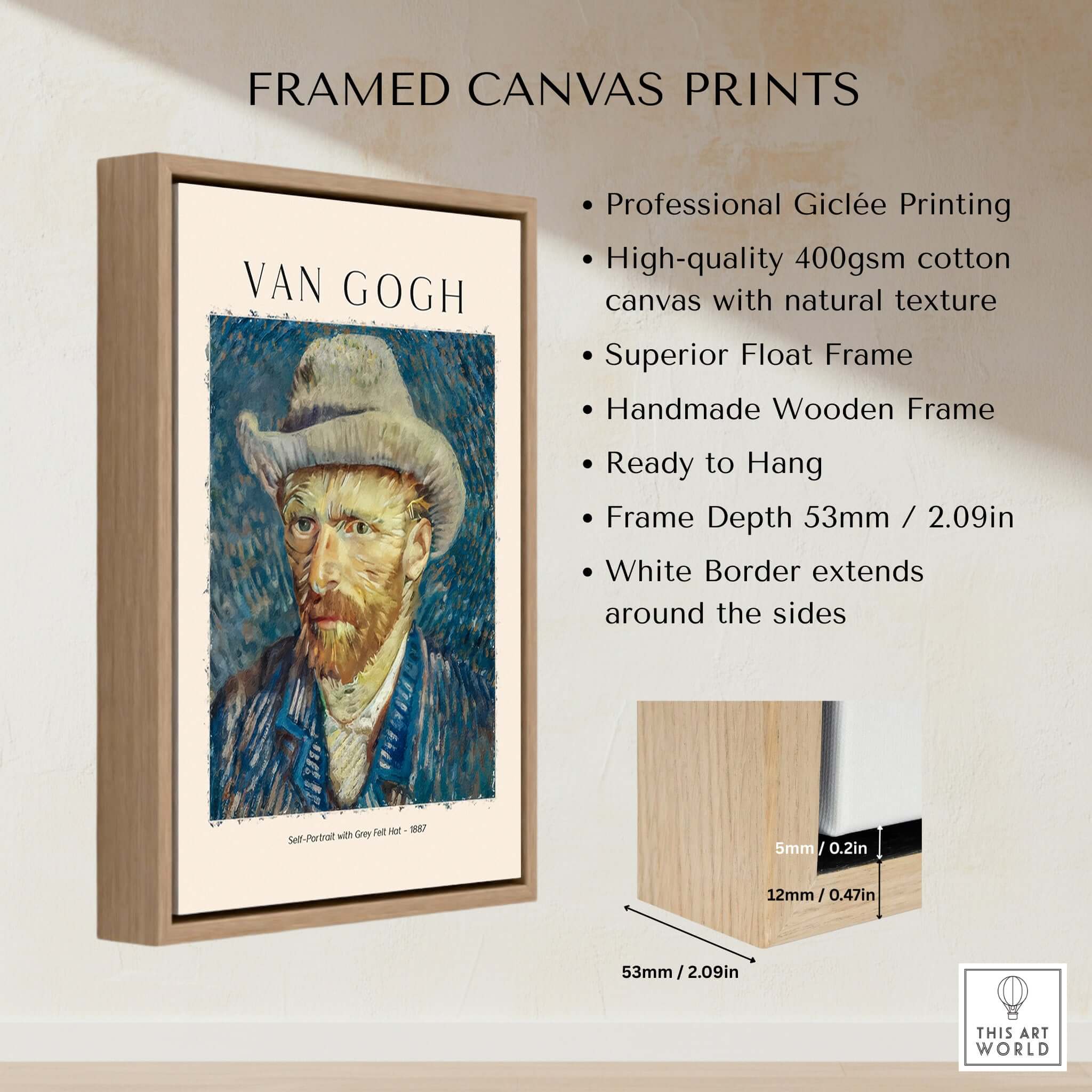 Vincent van Gogh Self Portrait Grey Felt Hat 1887 Art Print Post Impressionist Poster framed canvas print with wooden frame
