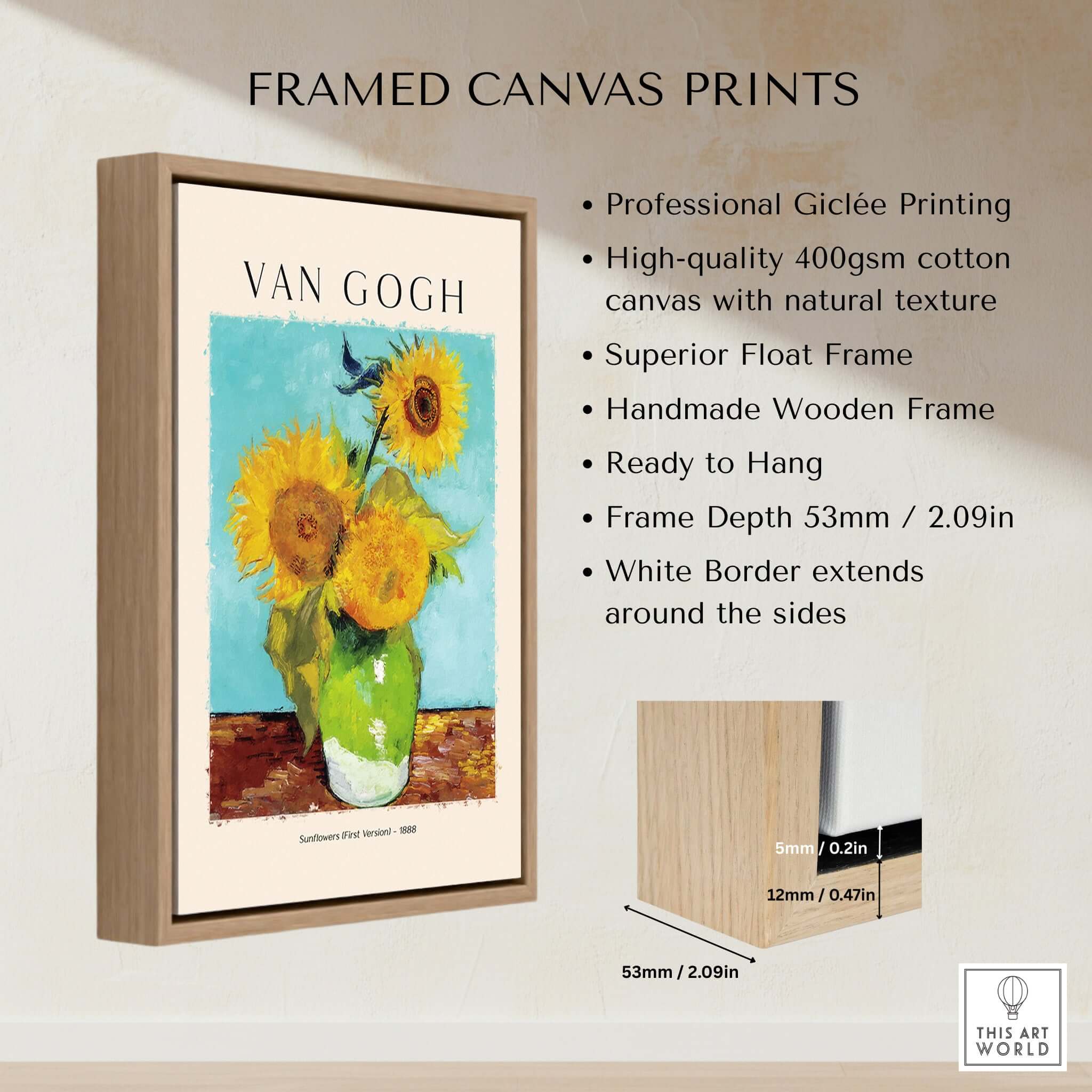 van Gogh Sunflowers Print - Sunflower Wall Art framed in a wooden frame with professional giclée printing and vibrant colors.