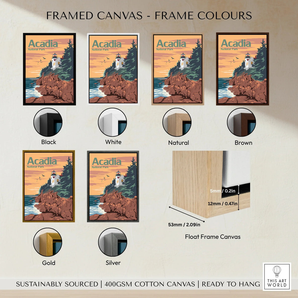 Acadia National Park travel poster wall art in six float frame color options: black, white, natural, brown, gold, silver.