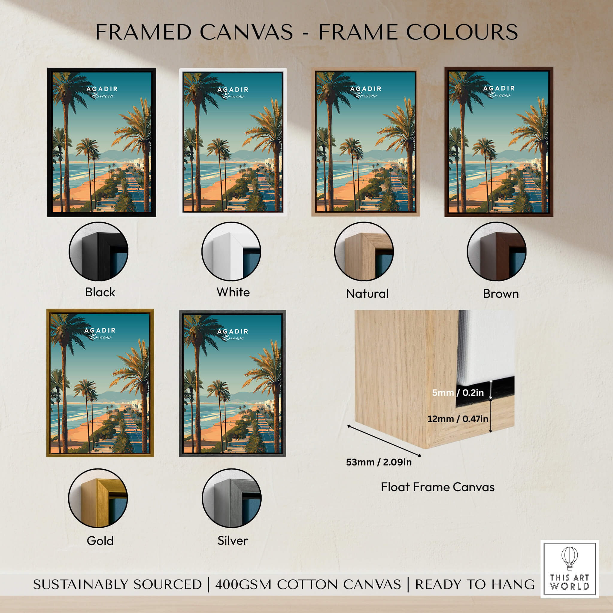 Agadir Travel Poster Print Morocco - Palm Trees framed canvas options in various colors.