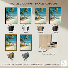 Beach travel poster Anna Maria Island with framed canvas options in black, white, natural, brown, gold, and silver.