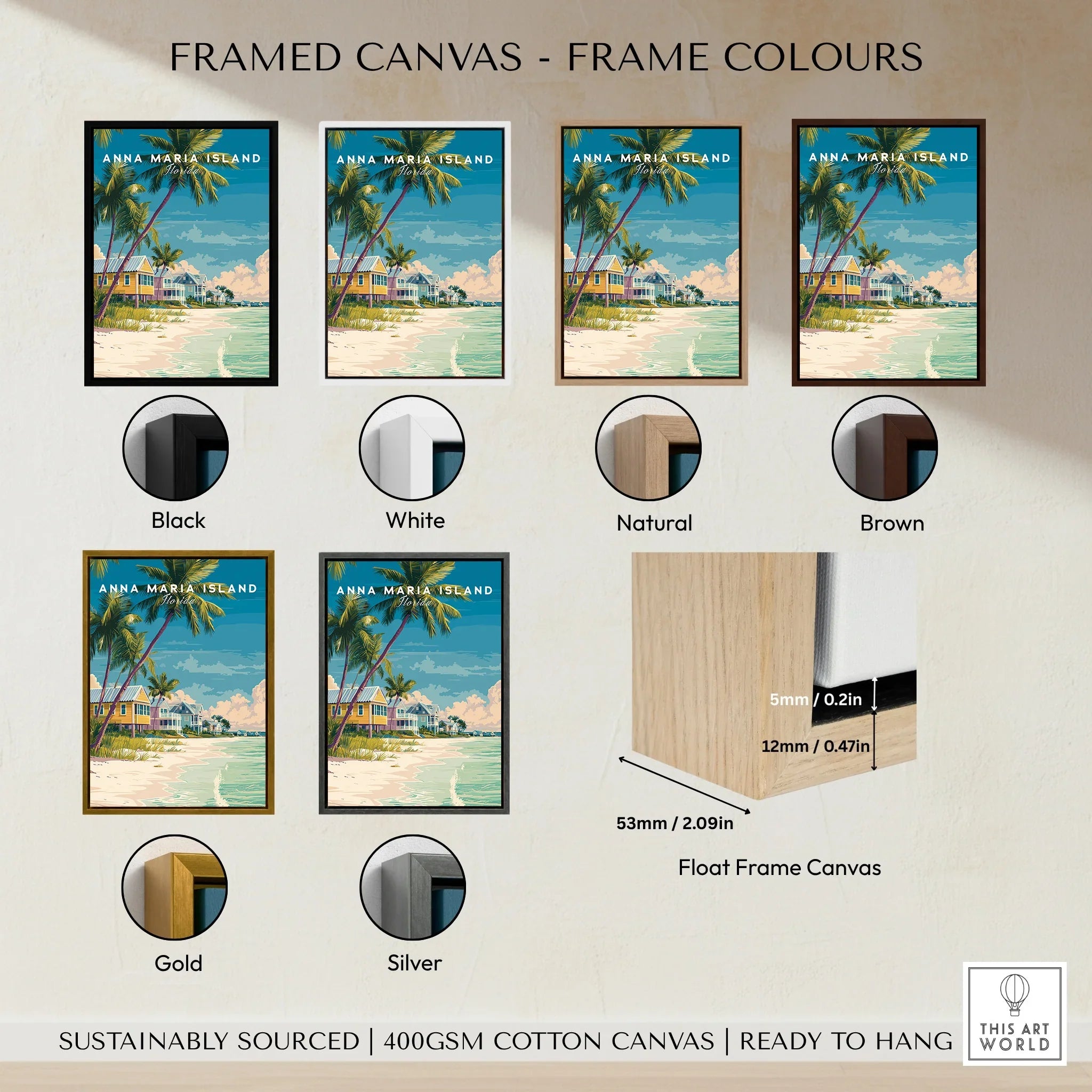Beach travel poster Anna Maria Island with framed canvas options in black, white, natural, brown, gold, and silver.