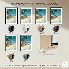 Anna Maria Island beach canvas art with black, white, natural, brown, gold, and silver frame options