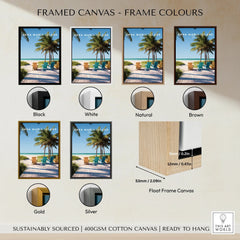 Framed Anna Maria Island beach canvas wall art in black, white, natural, brown, gold, silver frame options