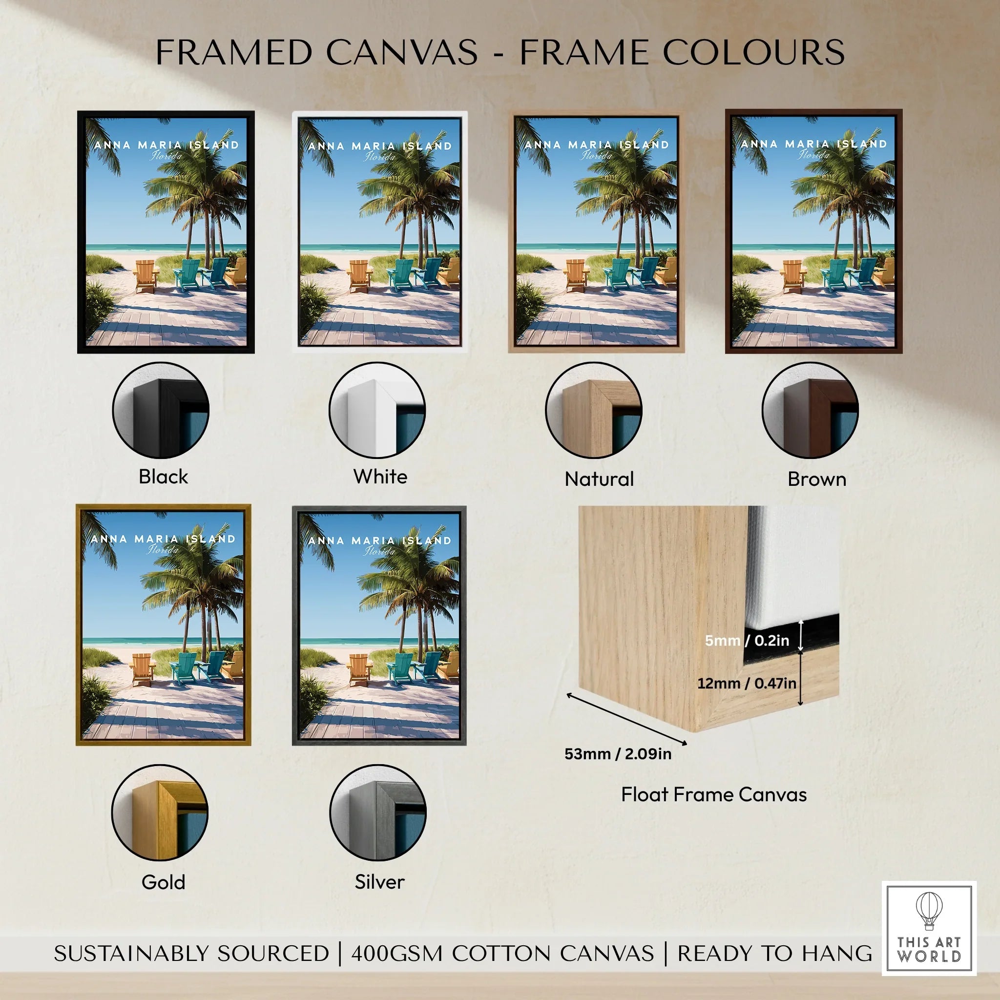 Framed Anna Maria Island beach canvas wall art in black, white, natural, brown, gold, silver frame options