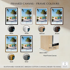 Anna Maria Island travel poster in framed canvas with black, white, natural, brown, gold, and silver frame color options, beach scene with palm trees.