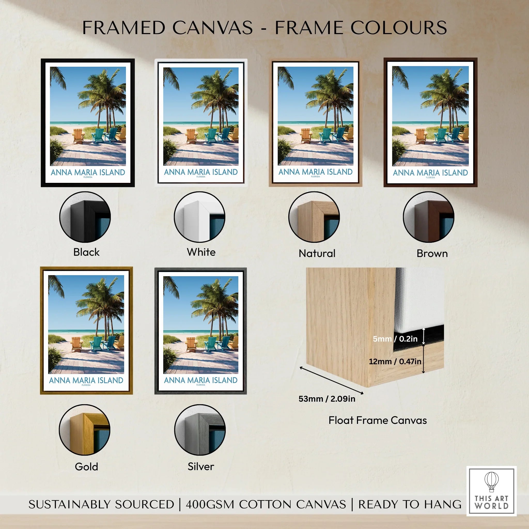 Anna Maria Island travel poster in framed canvas with black, white, natural, brown, gold, and silver frame color options, beach scene with palm trees.