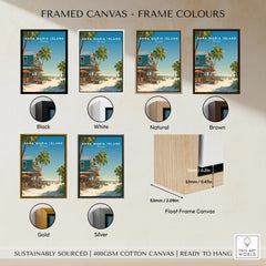 Framed canvas travel poster of Anna Maria Island in six frame color options: black, white, natural, brown, gold, and silver.