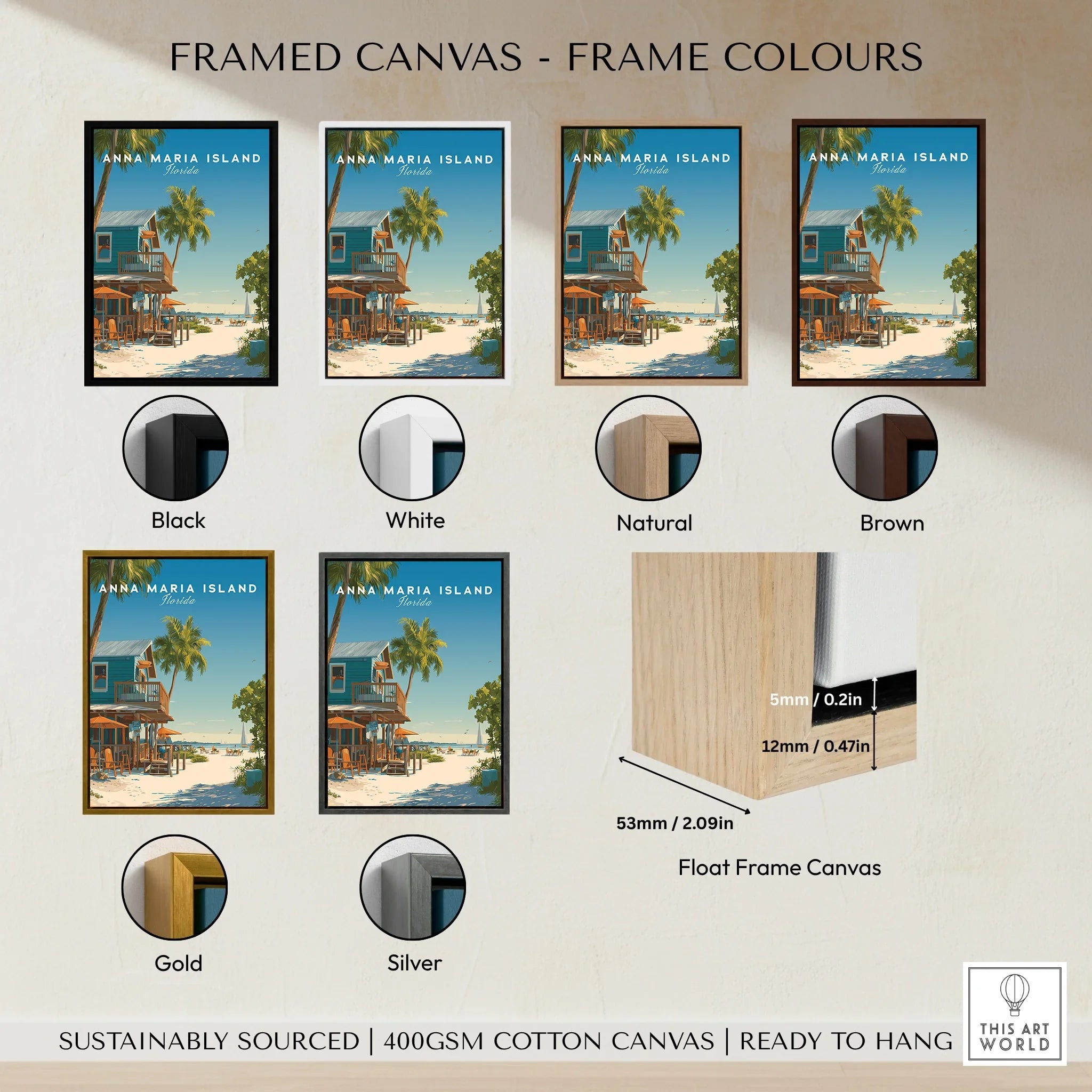 Framed canvas travel poster of Anna Maria Island in six frame color options: black, white, natural, brown, gold, and silver.