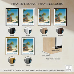 Framed Anna Maria Island travel poster canvas with six frame color options, float frame details