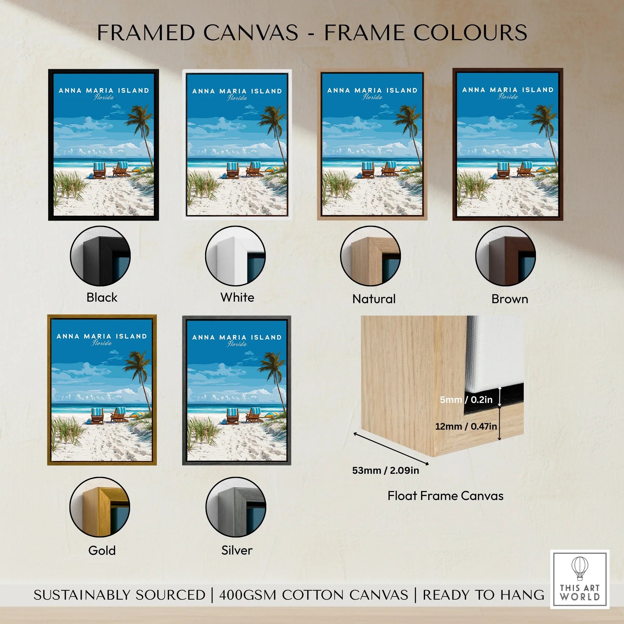 Anna Maria Island Florida beach travel poster in six frame color options: black, white, natural, brown, gold, silver.