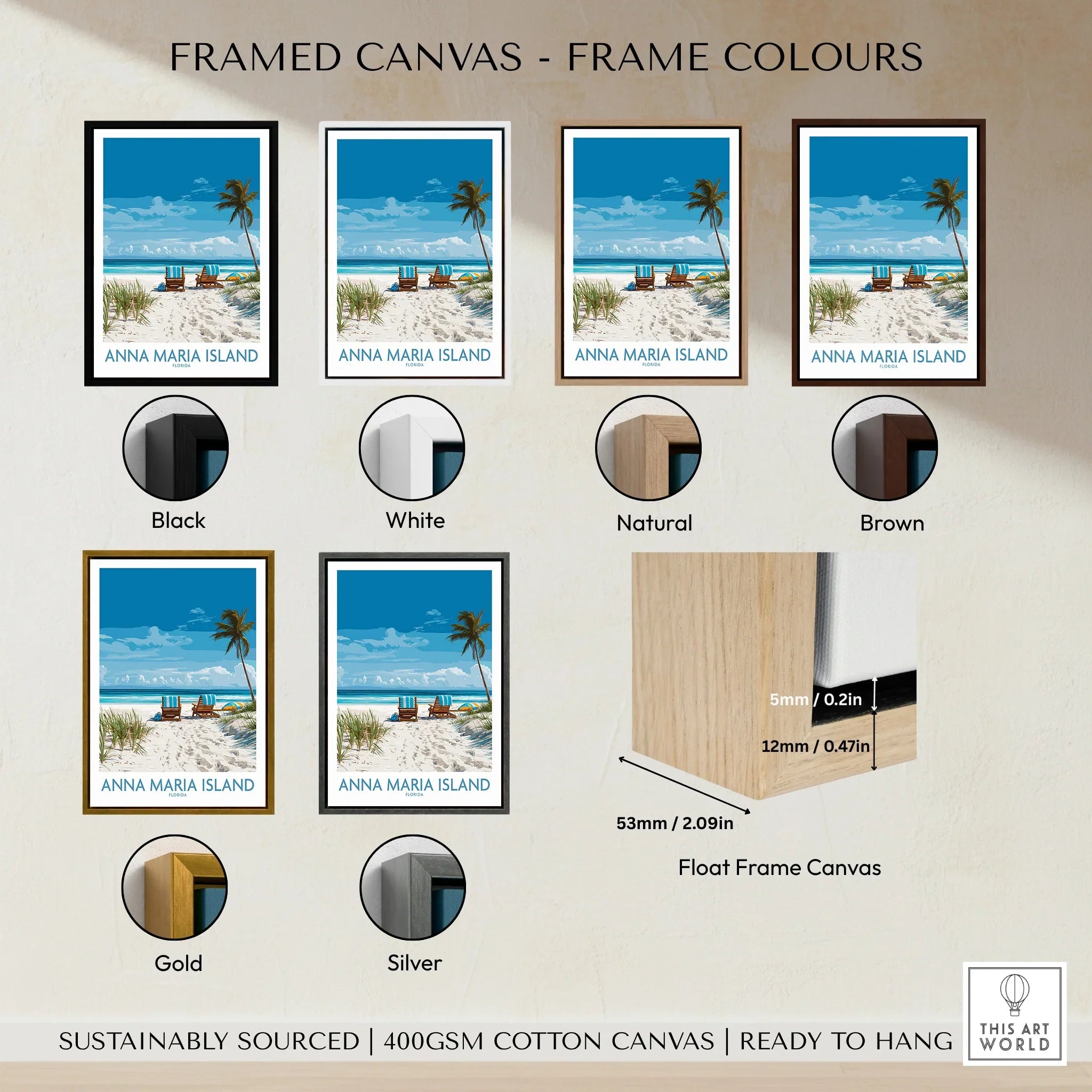 Anna Maria Island travel poster wall art in six frame color options: black, white, natural, brown, gold, and silver.