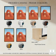 Framed Arches National Park canvas print in six frame color options: black, white, natural, brown, gold, and silver.