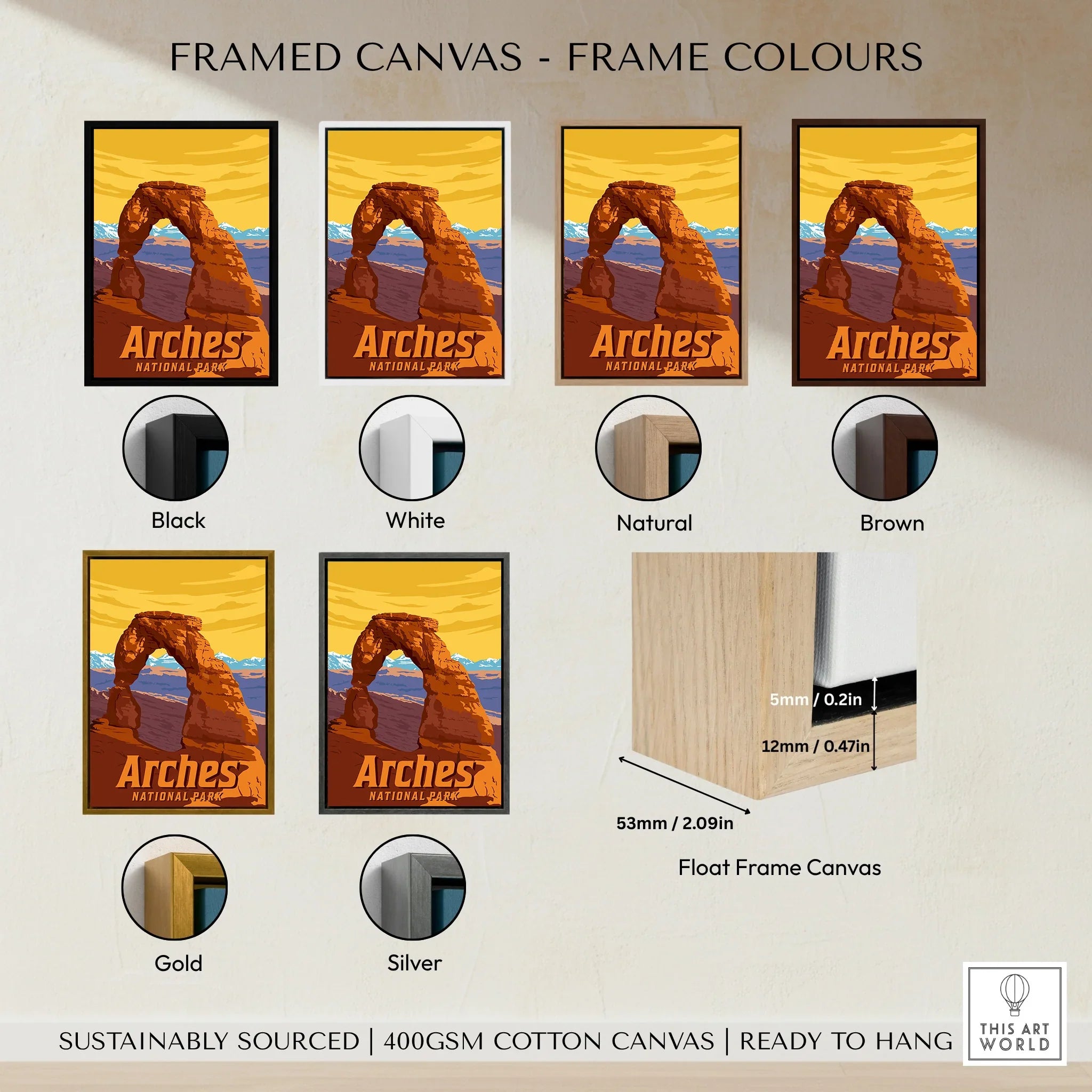 Arches National Park framed canvas wall art in black, white, natural, brown, gold, and silver float frame options.