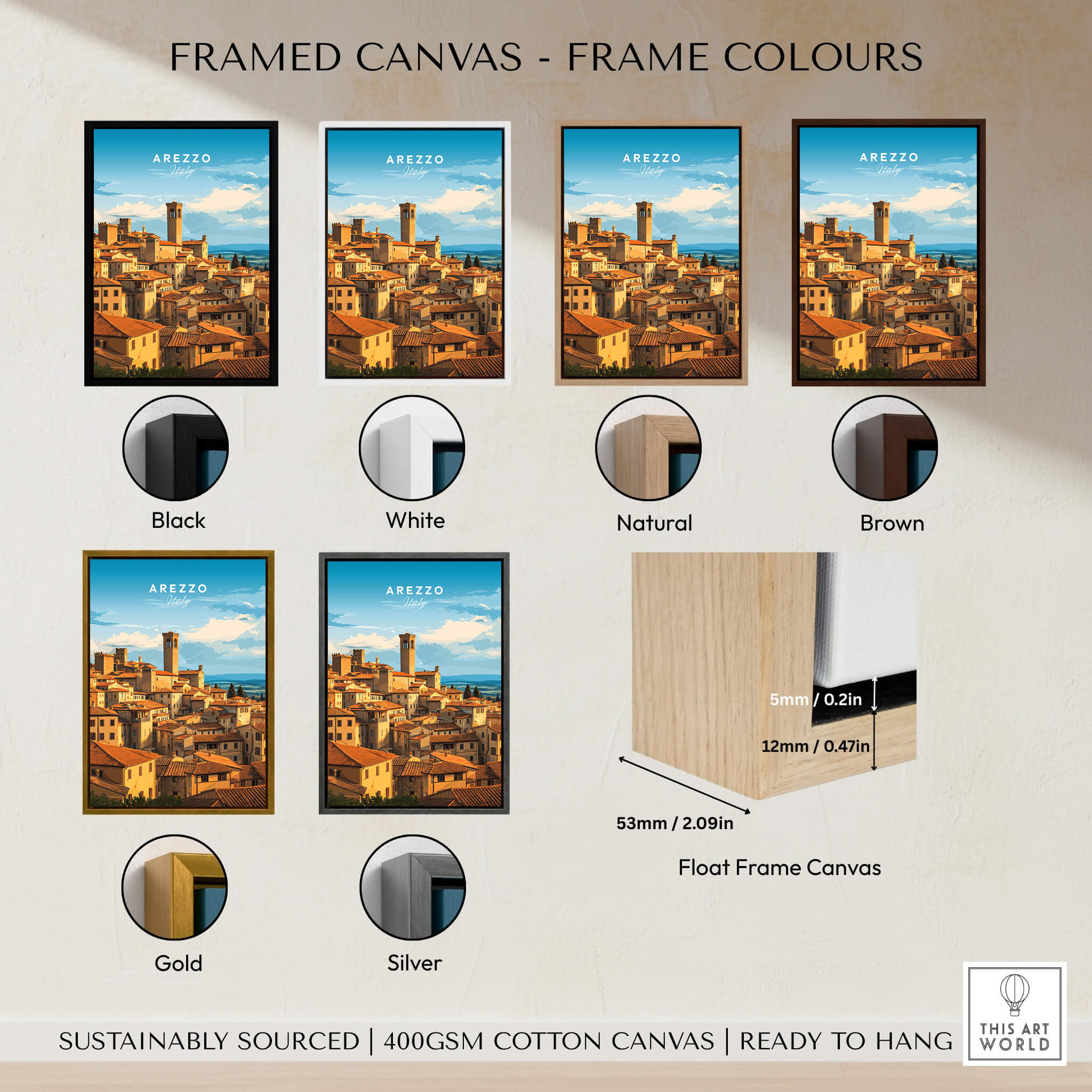 Arezzo Italy Wall Art – Tuscany Village Poster with frame color options including Black, White, Natural, Brown, Gold, and Silver.
