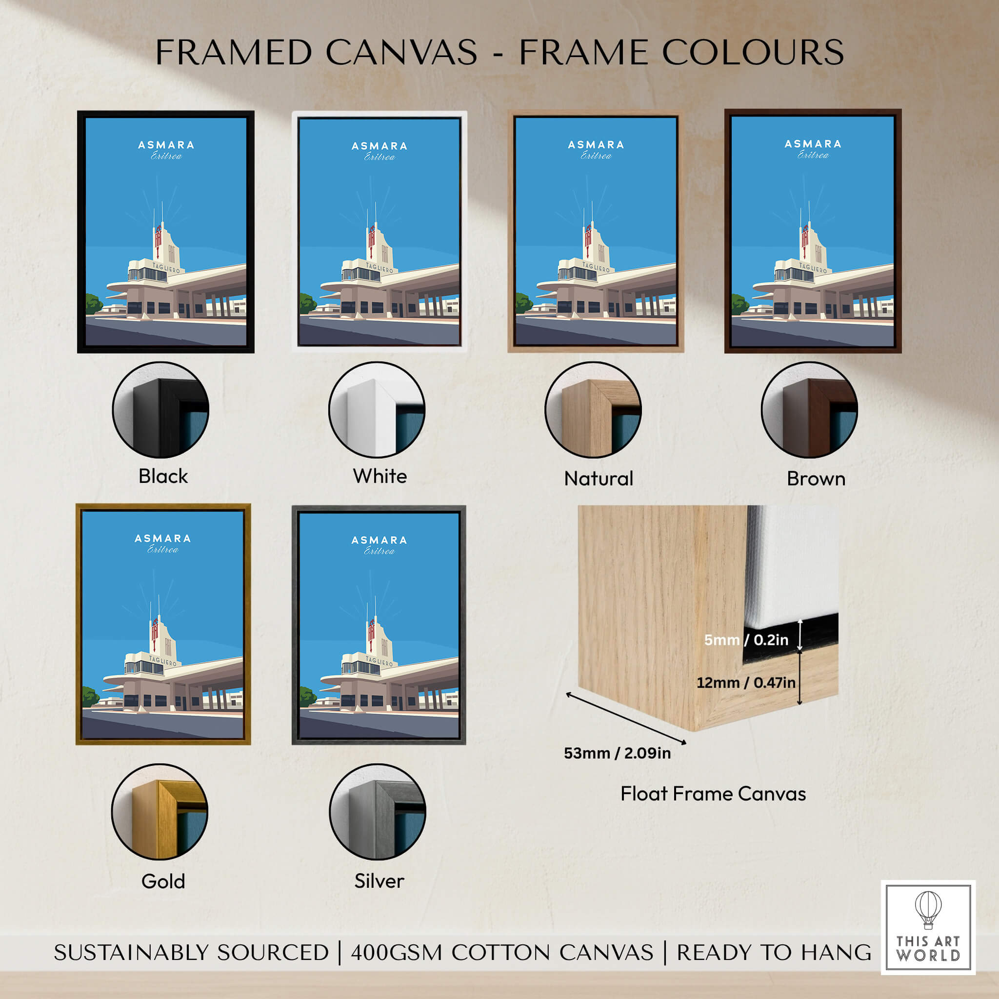 Framed options for Asmara Travel Poster – Fiat Tagliero Futurist Architecture Art Print in various colors.