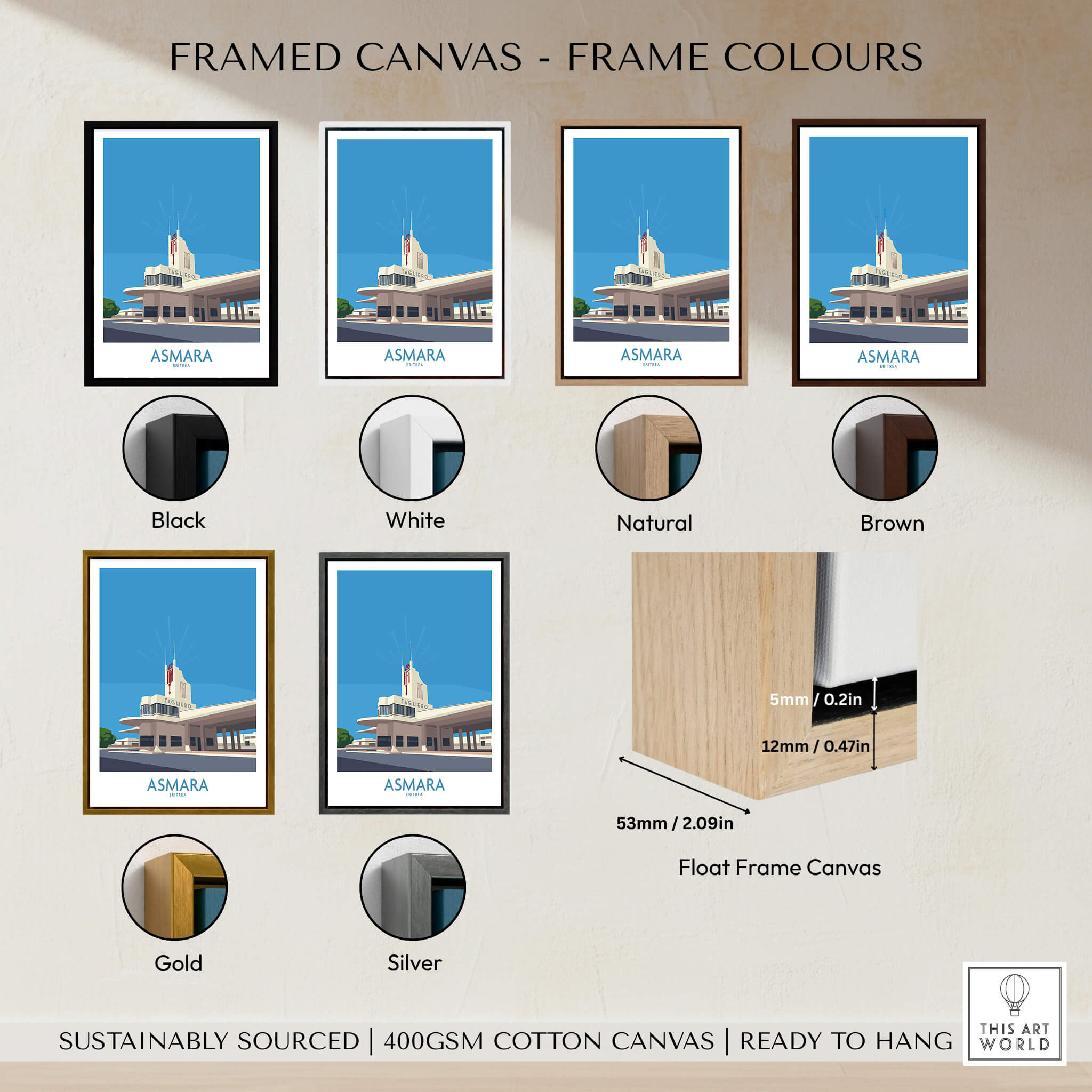 Framed options for Asmara Eritrea Print – Fiat Tagliero Poster in various colors including Black, White, Gold, Silver, Natural, and Brown.