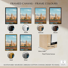 Asmara Travel Poster – Cityscape Skyline and Mountain Landscape Art Print framed canvas options in various colors.