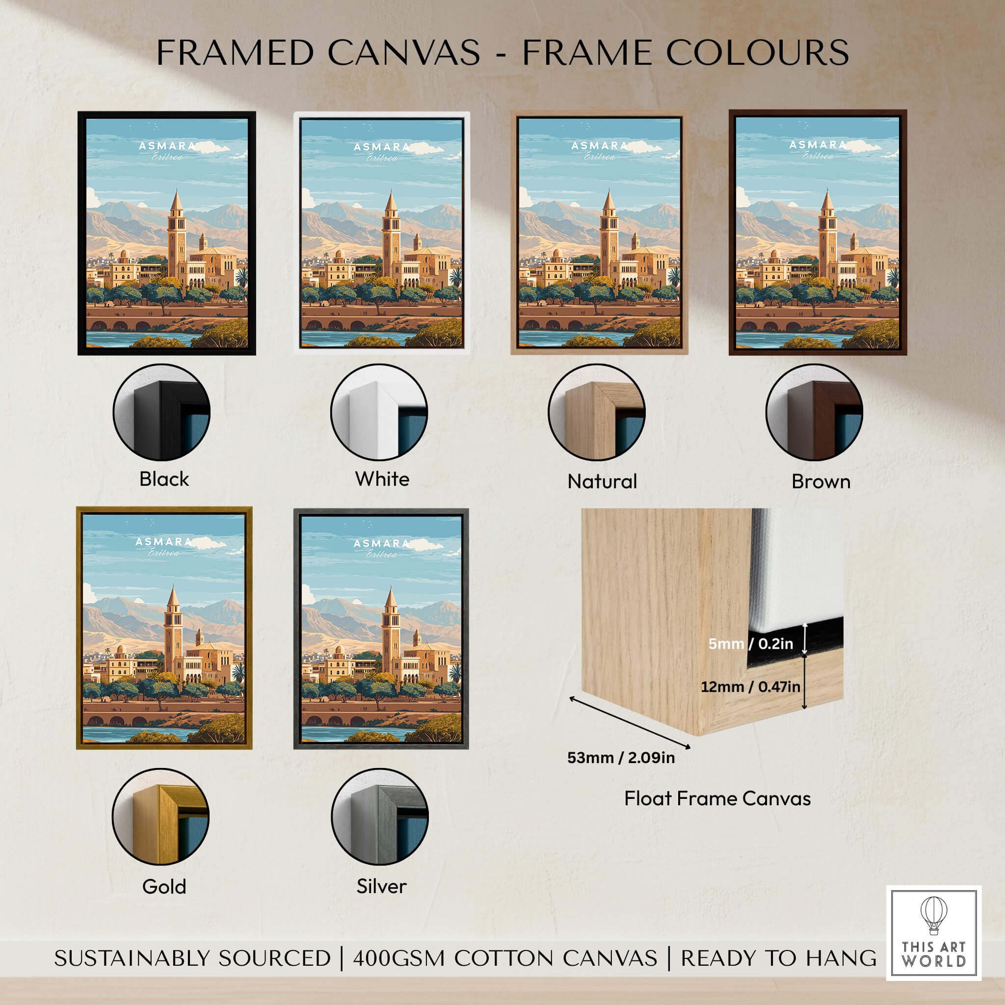 Asmara Travel Poster – Cityscape Skyline and Mountain Landscape Art Print framed canvas options in various colors.