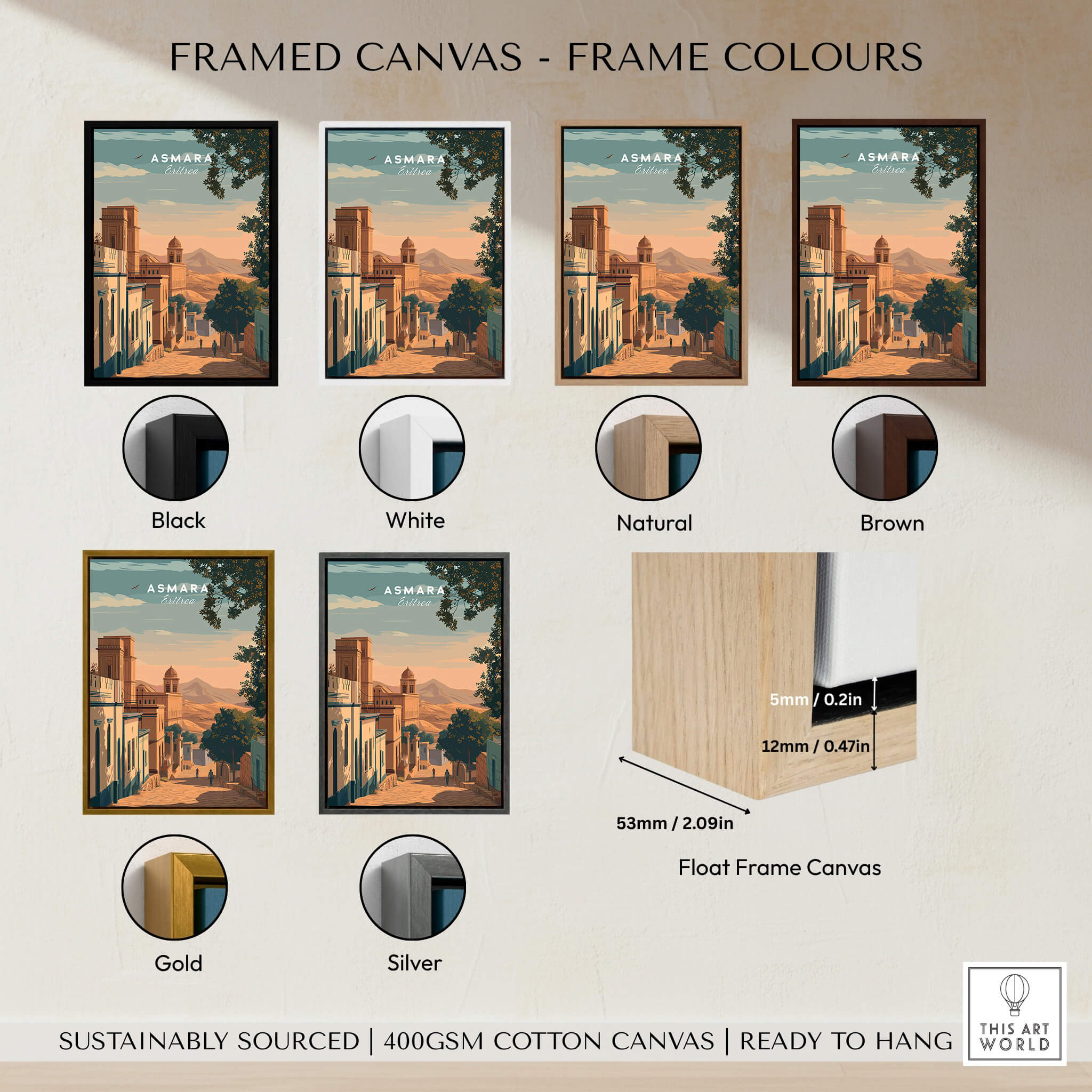 Asmara Travel Poster – Sunset Cityscape Art Print displayed with various frame colors and materials options.