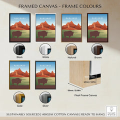 Badlands National Park print framed canvas wall art in black, white, natural, brown, gold, and silver frame color options with a bison and mountain landscape illustration.