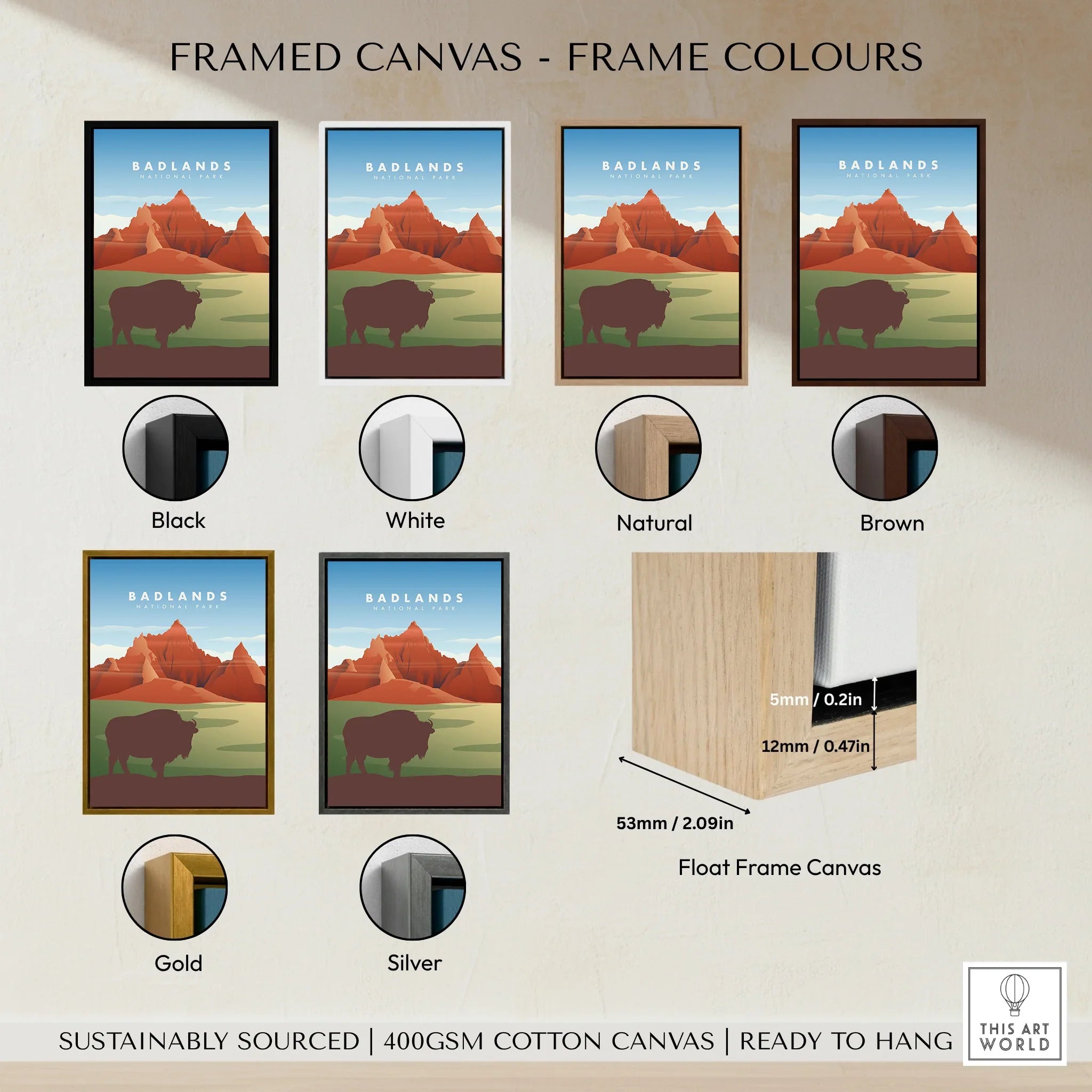 Badlands National Park print framed canvas wall art in black, white, natural, brown, gold, and silver frame color options with a bison and mountain landscape illustration.