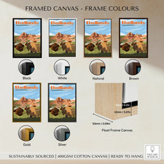 Badlands National Park poster framed canvas wall art in six frame color options, float frame detail
