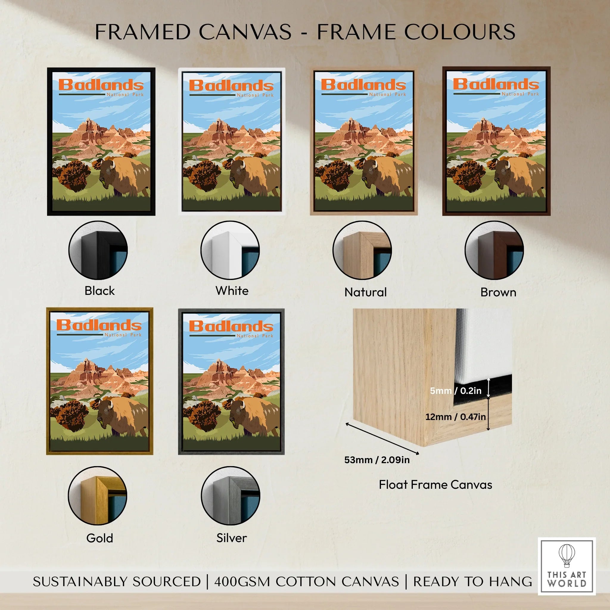 Badlands National Park poster framed canvas wall art in six frame color options, float frame detail