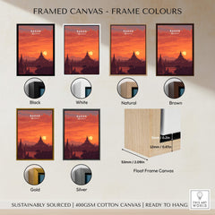 Bagan Travel Poster – Myanmar Ancient Temple Sunset Art framed options including black, white, natural, brown, gold, and silver.