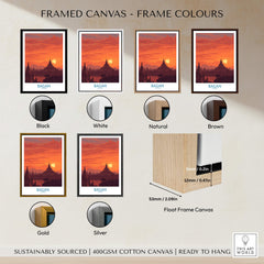 Bagan Myanmar Wall Art – Buddhist Pagoda Skyline Canvas Print framed options in various colors including black, white, natural, brown, gold, and silver.