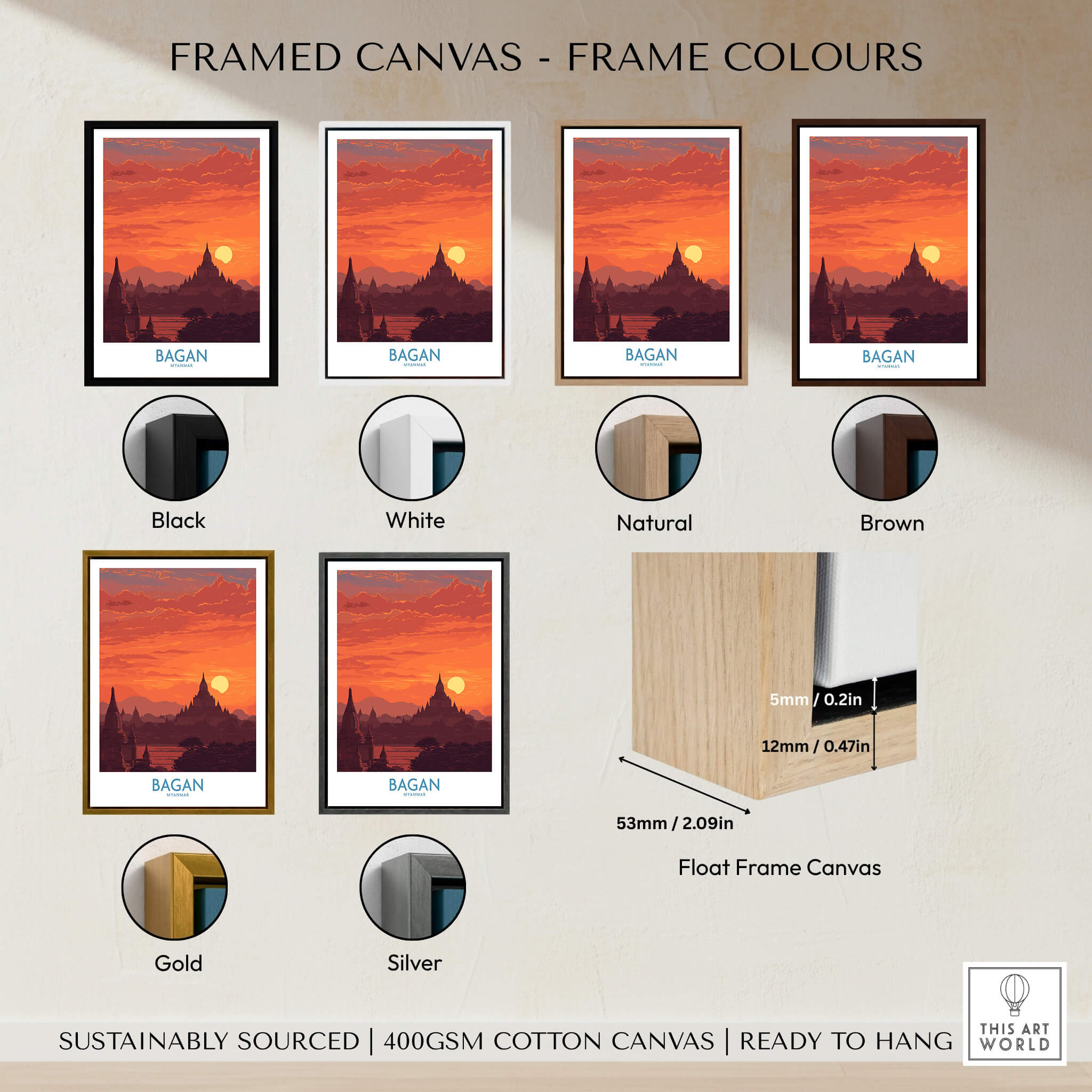 Bagan Myanmar Wall Art – Buddhist Pagoda Skyline Canvas Print framed options in various colors including black, white, natural, brown, gold, and silver.