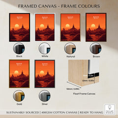 Bagan Travel Poster – Minimalist Temple Wall Art displayed in various frame colors including black, white, natural, brown, gold, and silver.