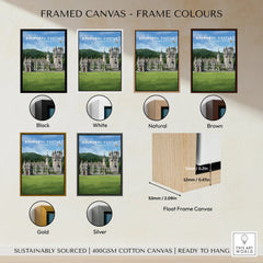 Balmoral Castle wall art print in six frame colors: black, white, natural, brown, gold, silver.