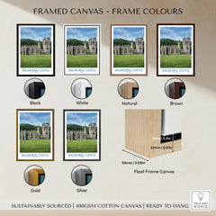 Framed Balmoral Castle canvas wall art shown in six frame colors: black, white, natural, brown, gold, and silver.