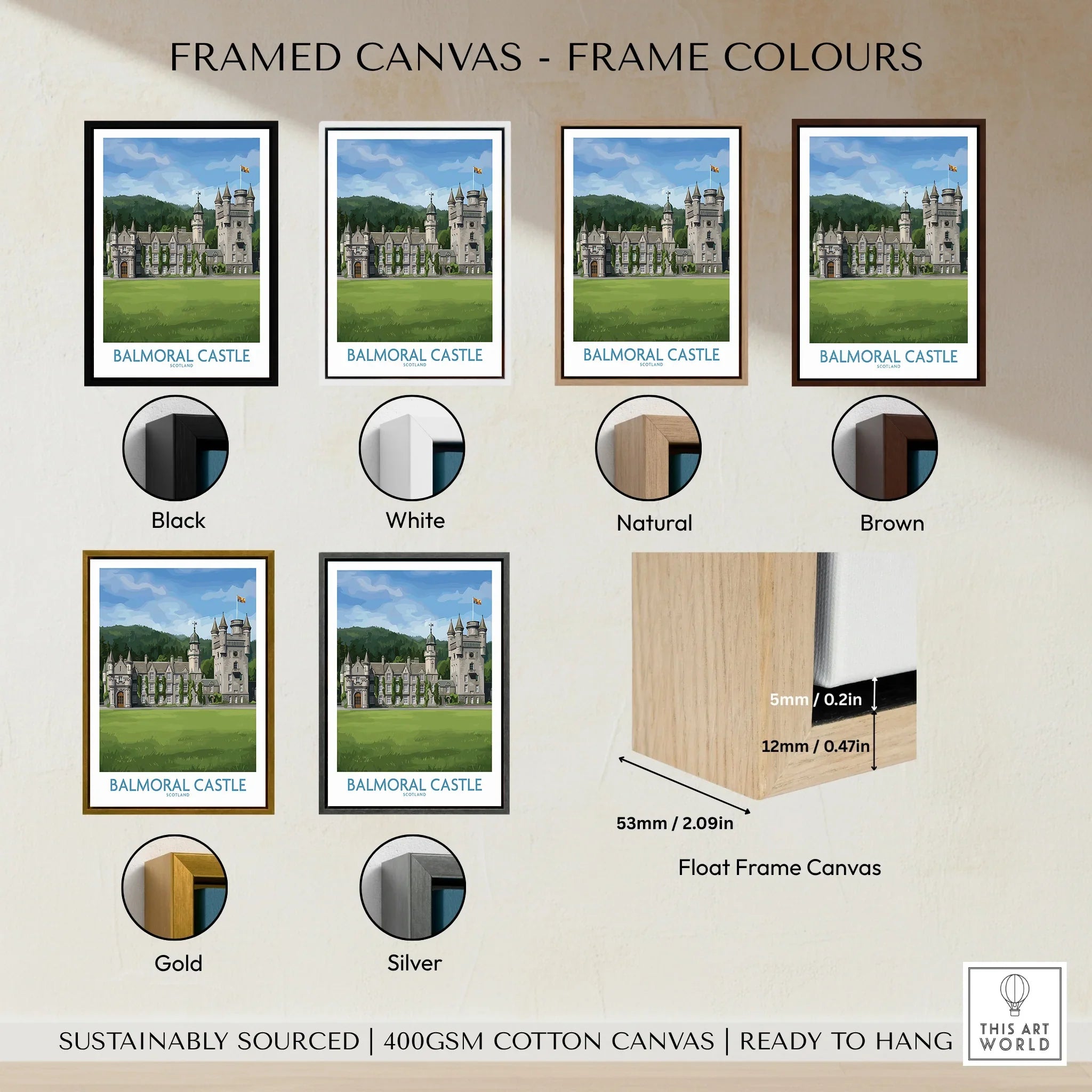 Framed Balmoral Castle canvas wall art shown in six frame colors: black, white, natural, brown, gold, and silver.