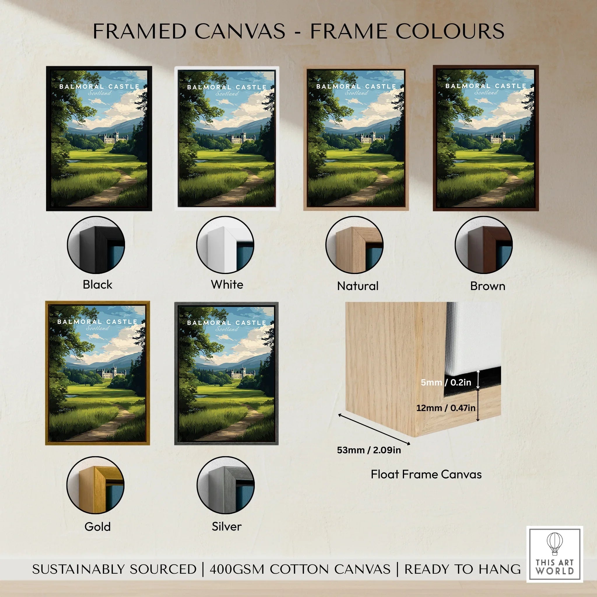 Framed Balmoral Castle travel poster with six available frame color options and float frame details.