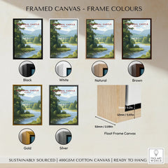 Framed canvas wall art showing Balmoral Castle landscape, available in black, white, natural, brown, gold, and silver frame colors with float frame canvas option.