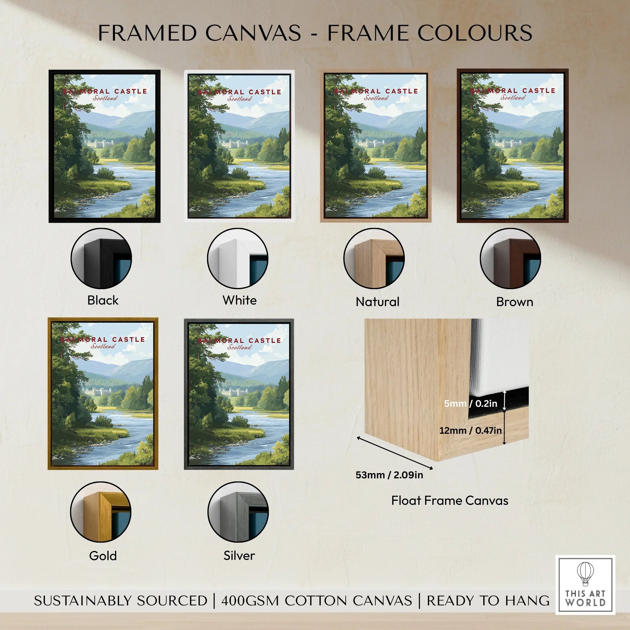 Framed canvas wall art showing Balmoral Castle landscape, available in black, white, natural, brown, gold, and silver frame colors with float frame canvas option.
