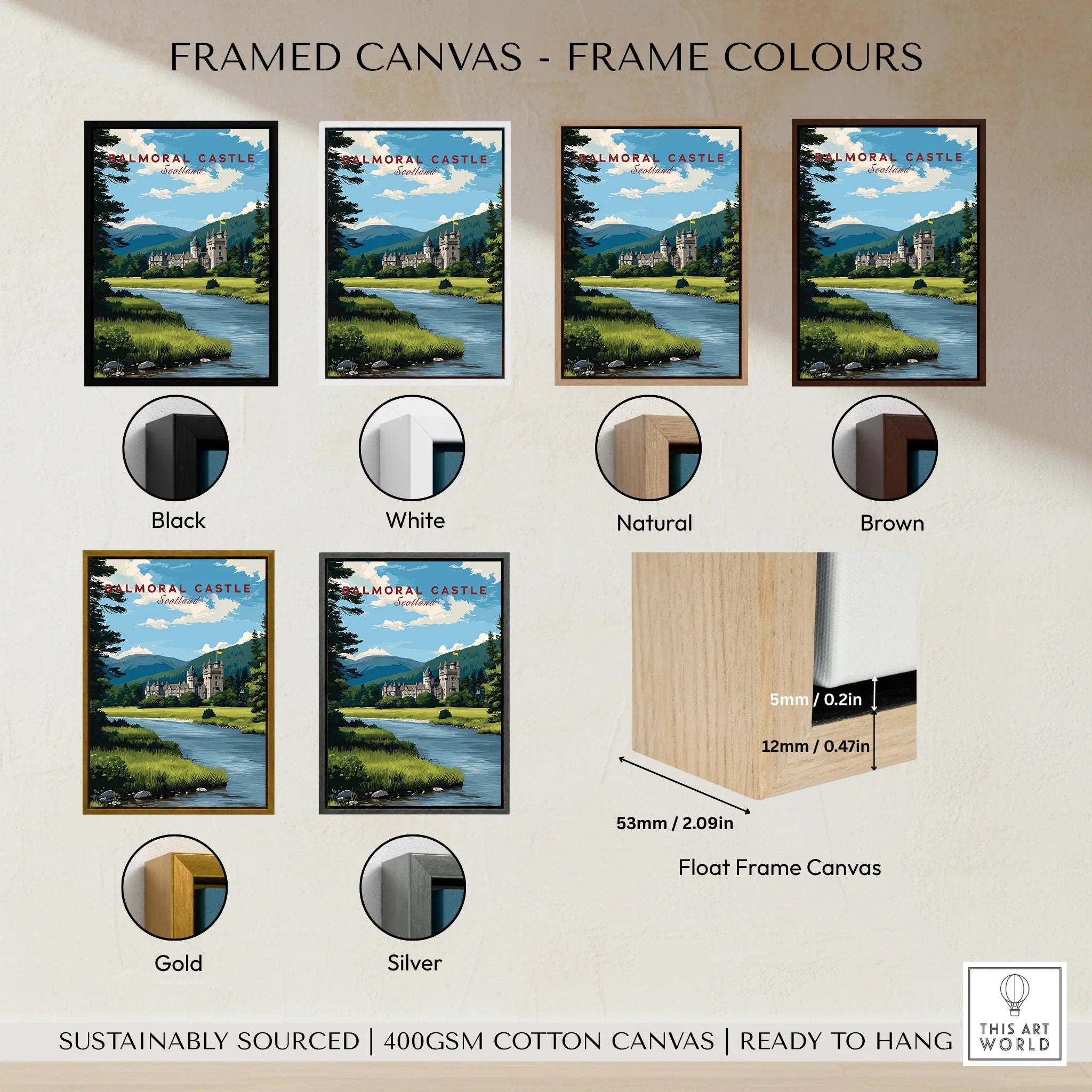 Travel poster wall art of Balmoral Castle in various framed canvas color options, including black, white, natural wood, brown, gold, and silver.