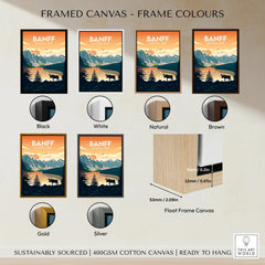Banff National Park framed canvas travel poster in six frame colour options with float frame detail.
