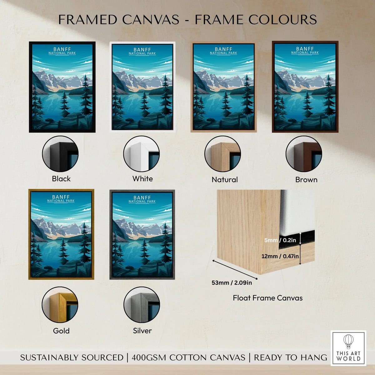 Banff National Park poster framed canvas print in black, white, natural, brown, gold, silver frames