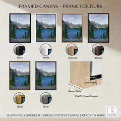 Banff National Park art print on canvas shown with six frame color options: black, white, natural, brown, gold, and silver, plus float frame cross-section detail.