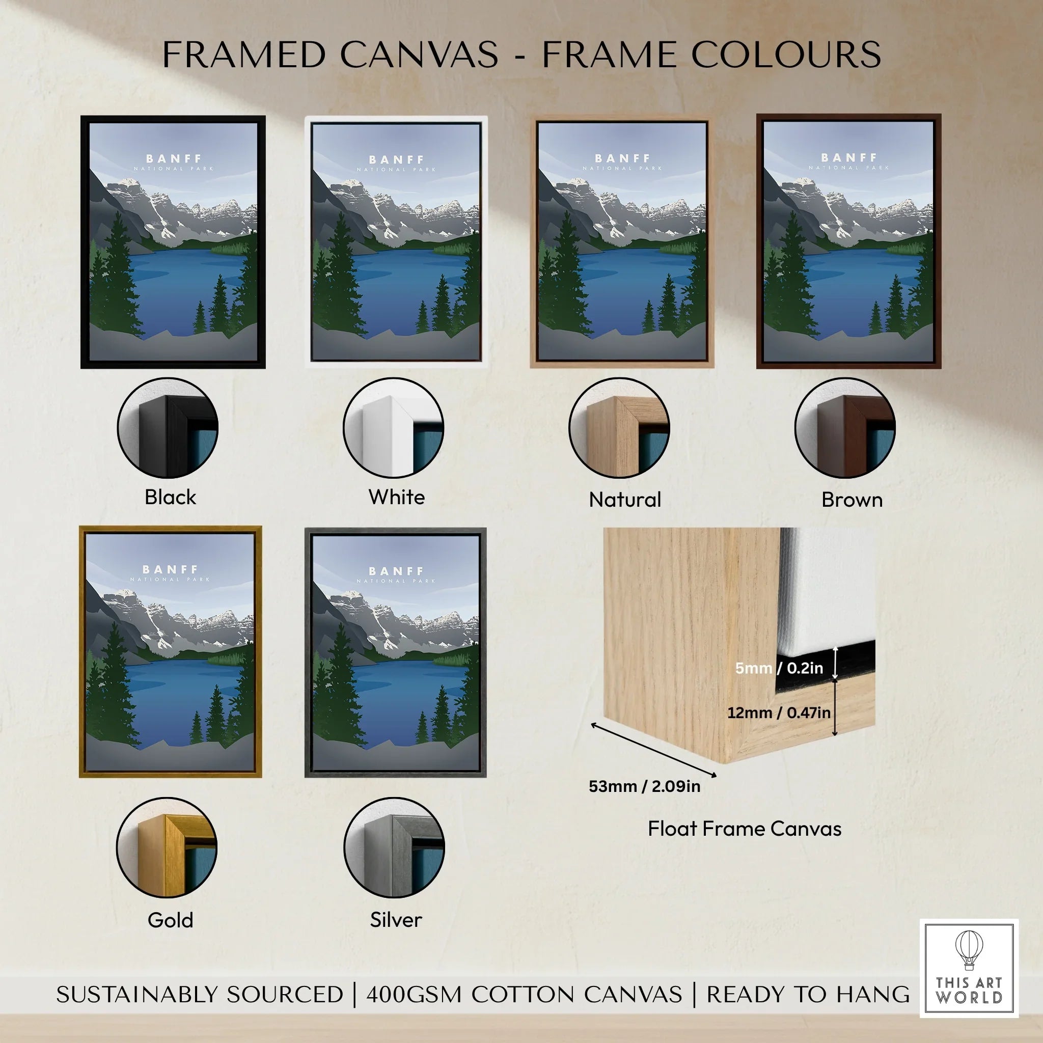 Banff National Park art print on canvas shown with six frame color options: black, white, natural, brown, gold, and silver, plus float frame cross-section detail.