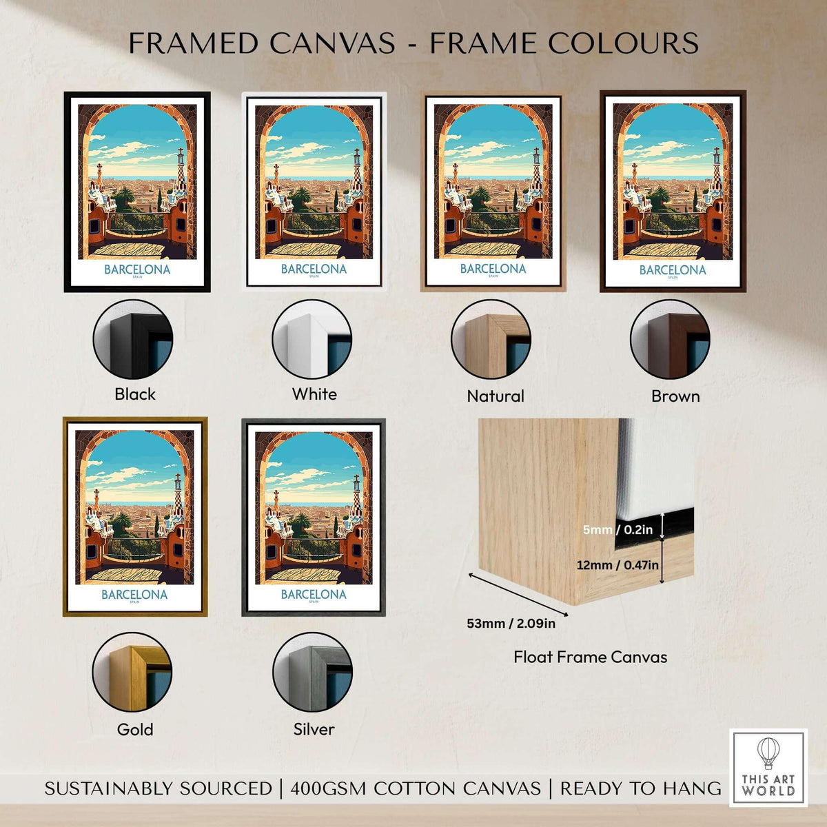 Barcelona Wall Art | Modern Style framed canvas options in black, white, natural, brown, gold, and silver.